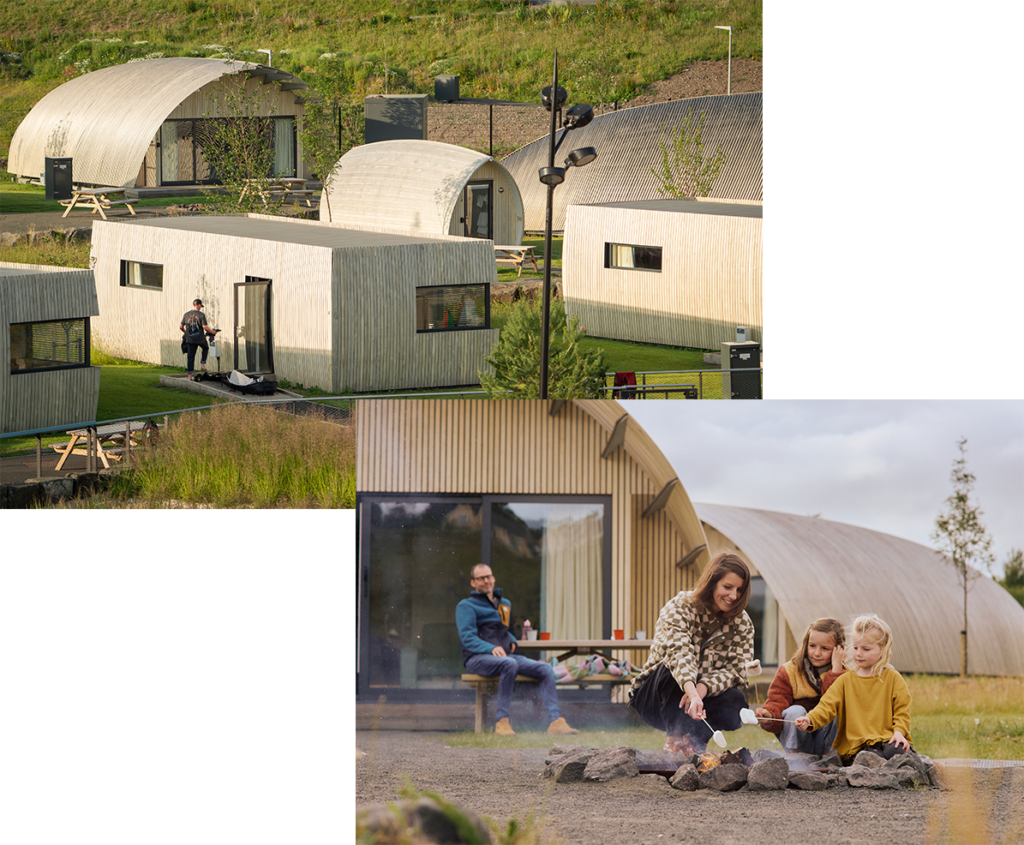 Images of our accommodation, and a family toasting marshmallows over a fire in front of one of our pods