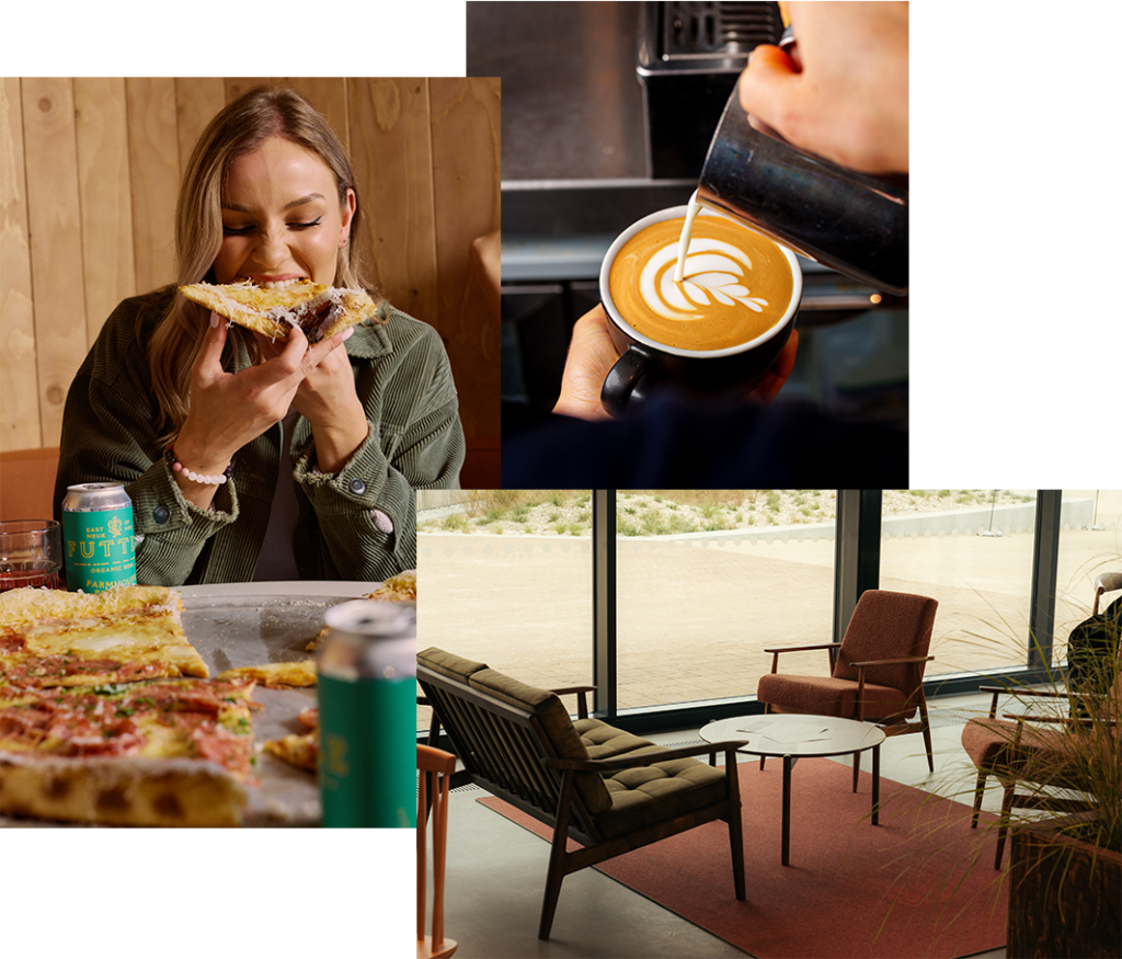 Images from the restaurants - a woman enjoying a slice of pizza, a coffee, a table surrounded by chairs