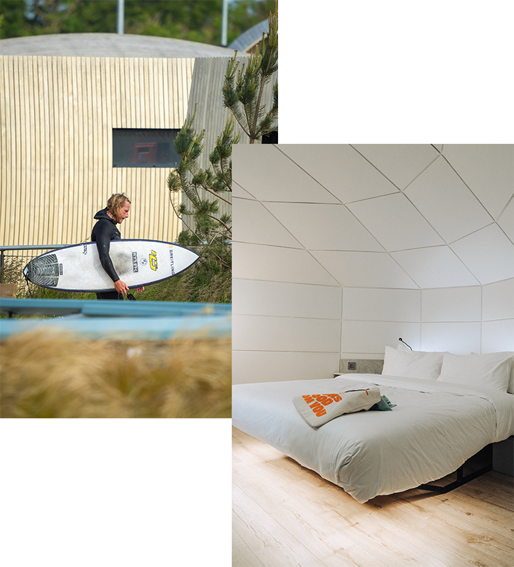 Images of a surfer walking outside a waterfront lodge, and the interior of a waterfront lodge
