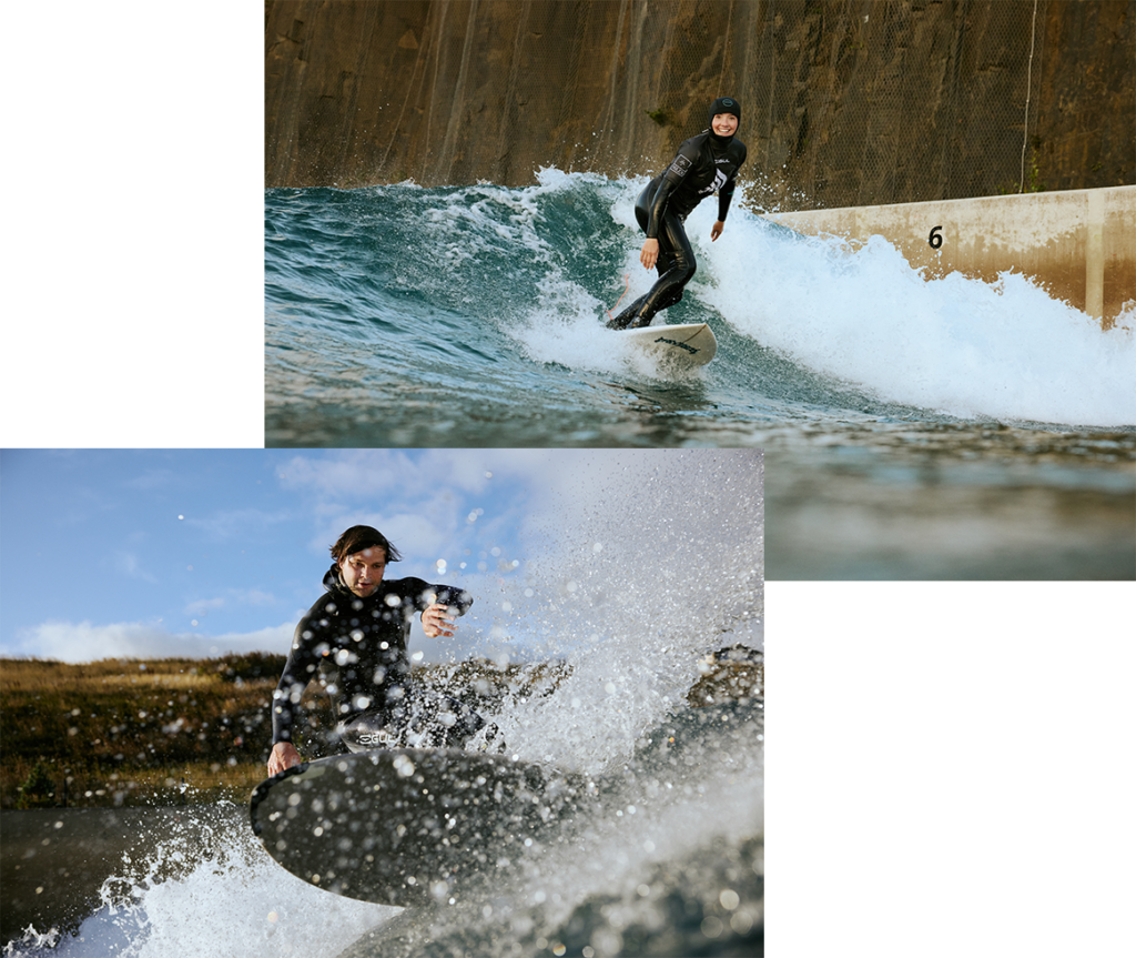 Images of surfers riding waves at Lost Shore