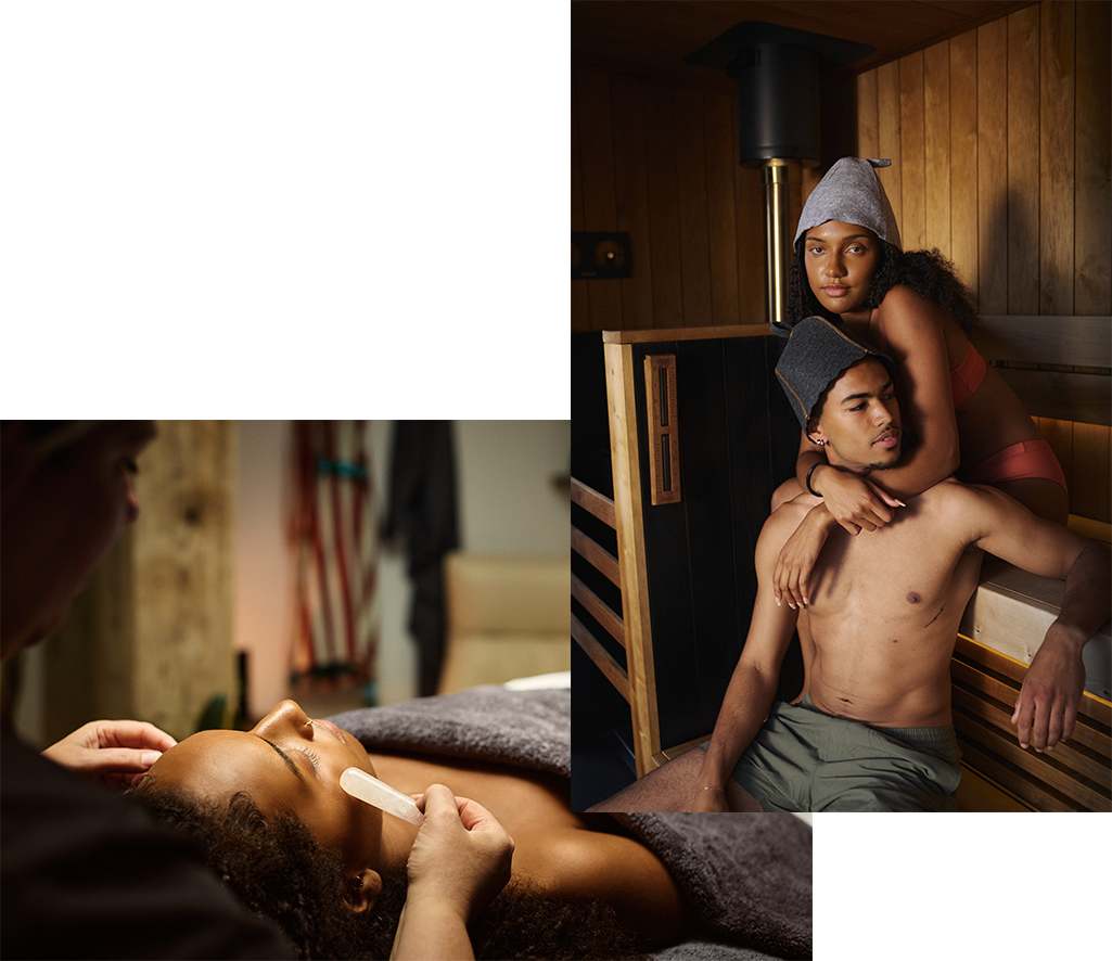 Images of a couple enjoying the sauna, and a woman relaxing in a treatment room
