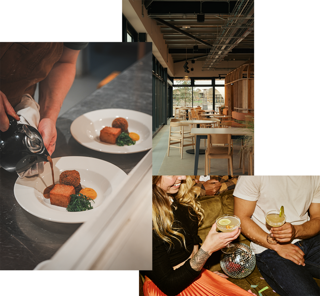 Images of Lost Shore kitchen - food being plated, the canteen interior, people enjoying drinks together