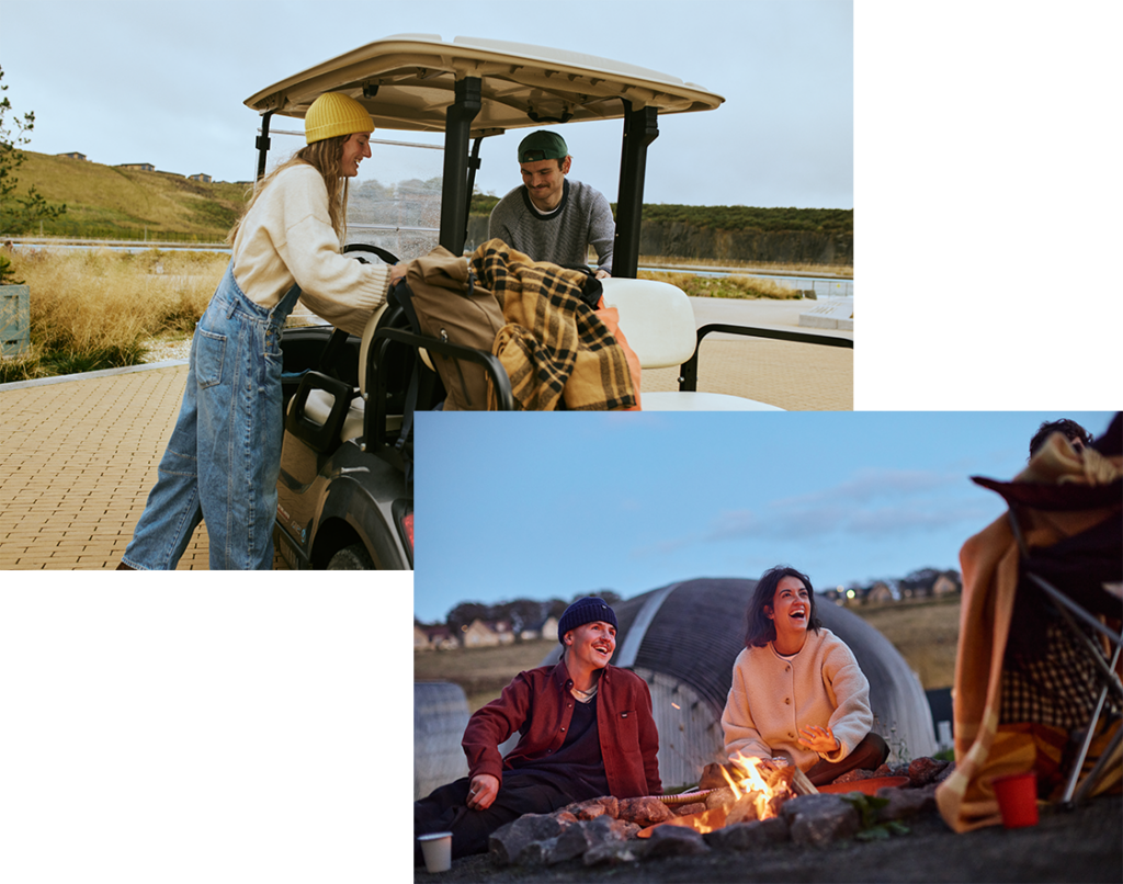 Images of couples in a golf cart, sitting around a campfire